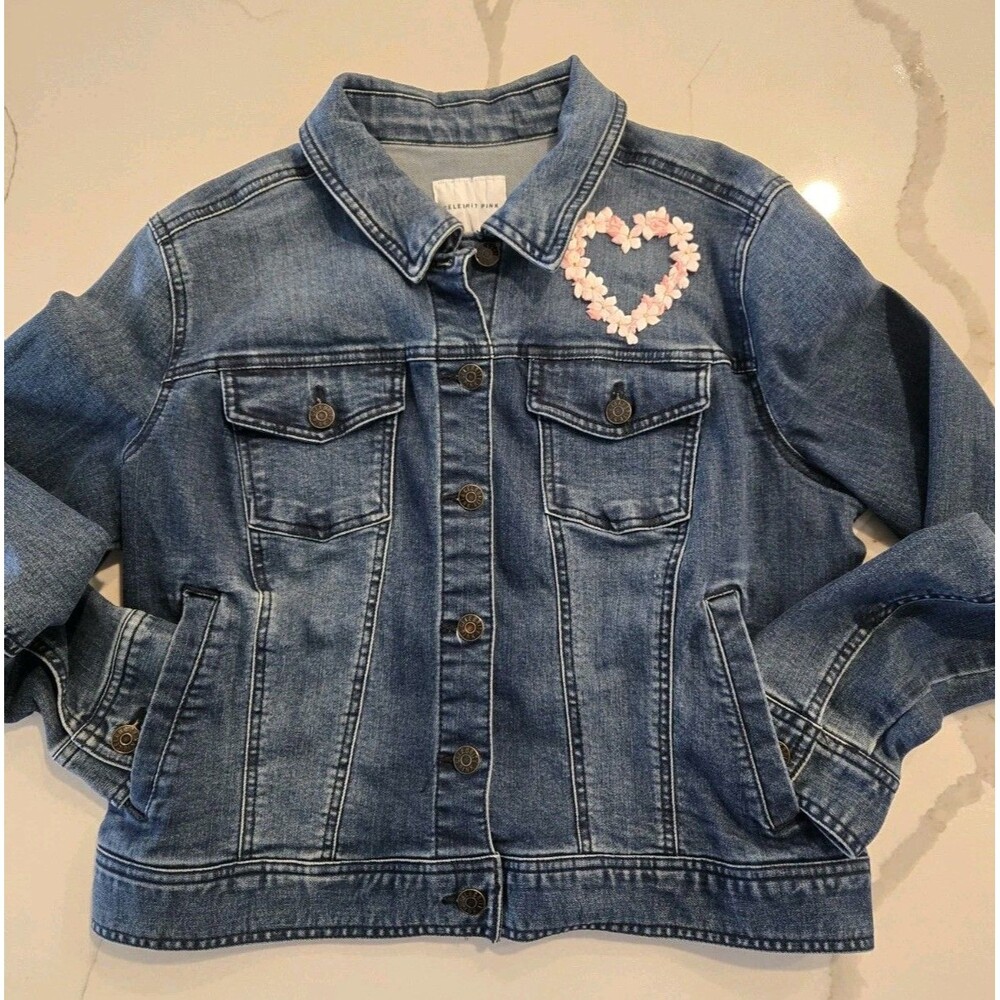 Celebrity Pink Embroidered Floral Heart Denim Trucker Jacket L Collared Y2K